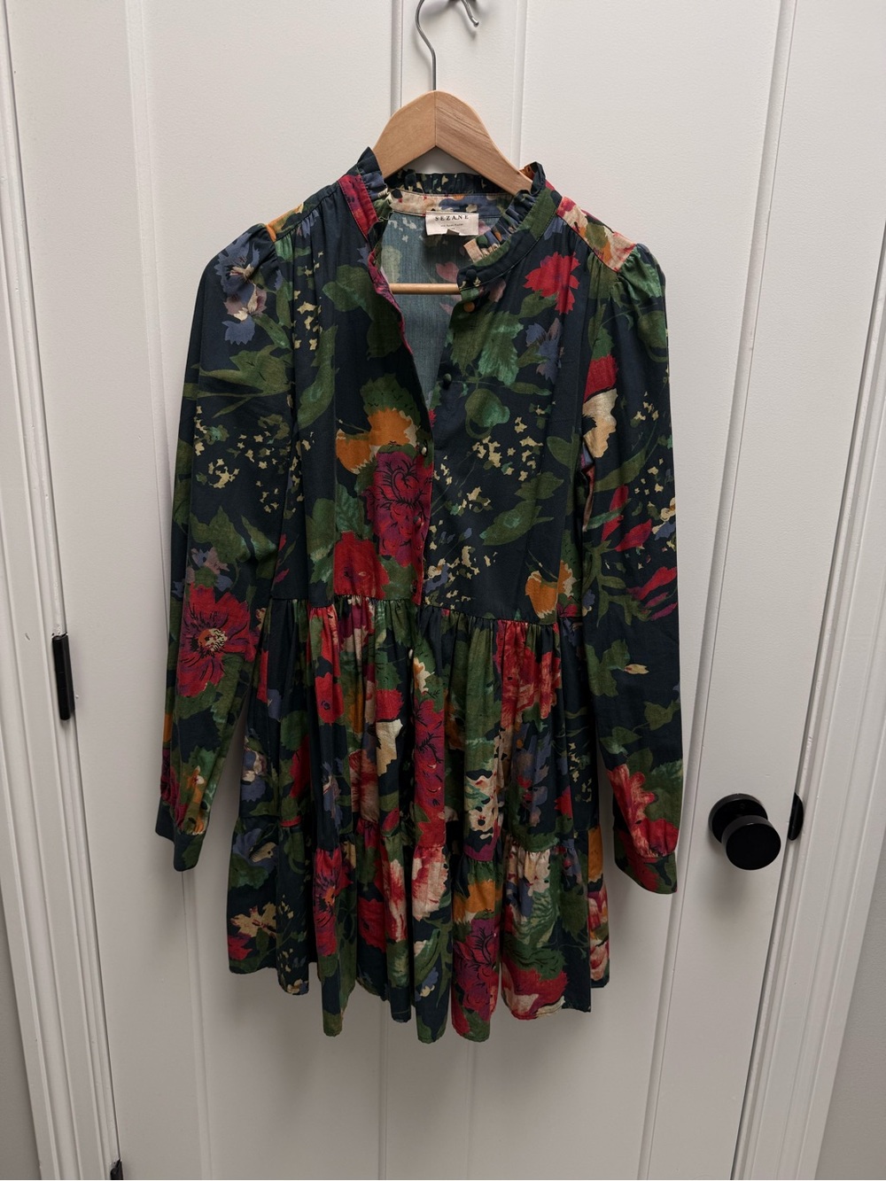 Sezane Navy Floral Mini Dress with Red & Green Blooms